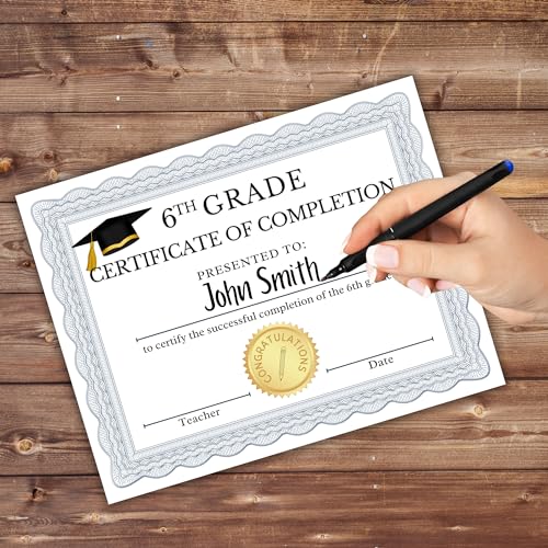6th Grade Graduation Certificate of Completion | 50 pk 8.5 x 11” for Elementary School Graduation Class End of Year Achievement Awards Sixth Grade Teacher Supplies