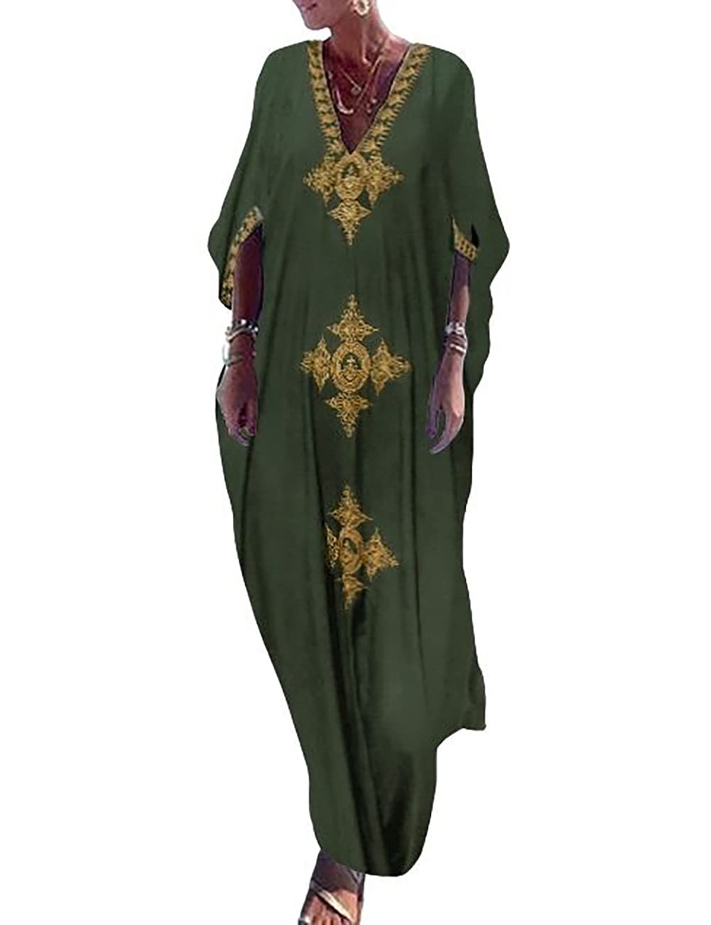 BsubseachGold Embroidery Long Kaftan Dresses V Neck Caftan Dress Beach Cover Ups for Women Embroidery