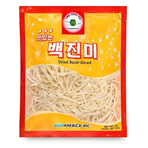 ROM AMERICA Plain Sliced Dried Squid Snack, Shredded Seafood Calamari Jerky Strips - Low Fat, Low Calorie Korean Snack 백진미 - 8oz (Pack of 1) Cover