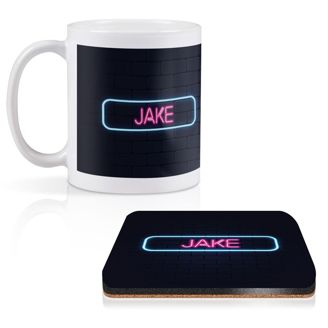 Destination Vinyl ltd1 White Ceramic Mug Cup (11oz / 284ml) with 1 Square Wooden Cork Coaster Neon Sign Design Jake Name Matching Set for Coffee Tea Drinks Kitchen #352022