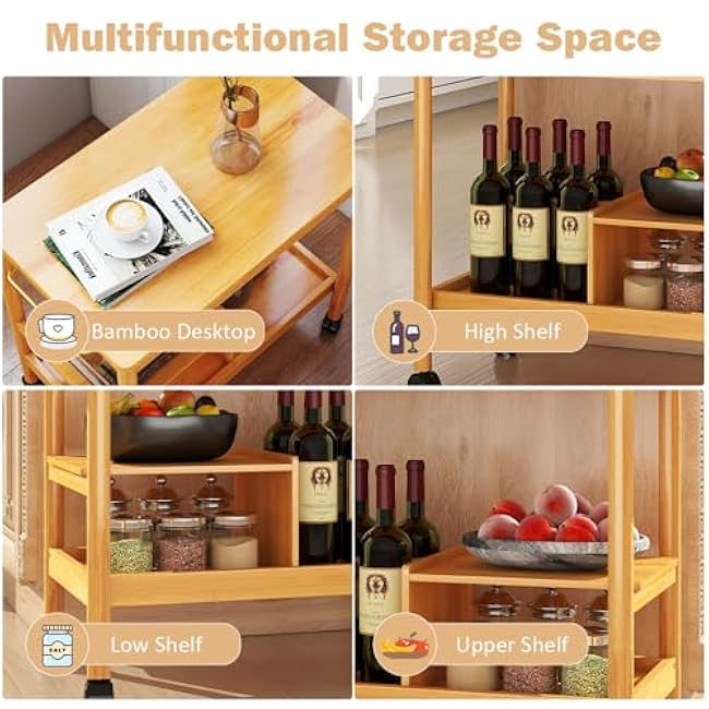 3-Tier Bamboo Coffee Cart, Rolling Storage Utility Cart Microwave Stand with Wheels Narrow Kitchen Island Organizer for Small Space-ILOP6DVy