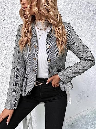 Womens Tweed Herringbone Blazer Business Stand Collar Ruffled Twilled Open Front Blazer Notched Lapel Double Breasted Jacket4