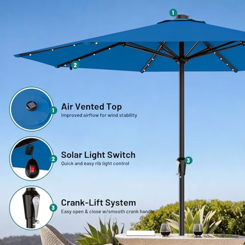 Image of AreShark 11FT Large Patio Umbrella with Solar Lights, Lighted Solar Umbrella with Crank, Outdoor Table Market Umbrellas for Garden, Deck, Backyard, Pool and Beach, Royal Blue