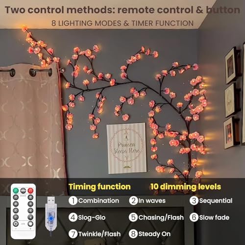Image of Vine Lights 5.25 ft with 72 LED String Lights, Remote Control, 8 Lighting Modes, USB & Battery Operated Decorative Wall Lights for Bedroom, Living Room, Wedding (Cherry Led Pink Blossom)