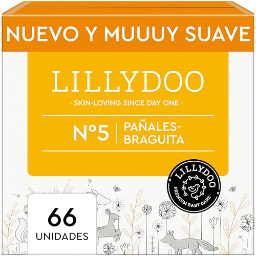 Pañales-braguita LILLYDOO - talla 5 (11-16 kg), caja de medio mes (66 unidades), protección contra fugas, delicados con la piel, suaves, sin perfumes ni lociones, dermatológicamente testados