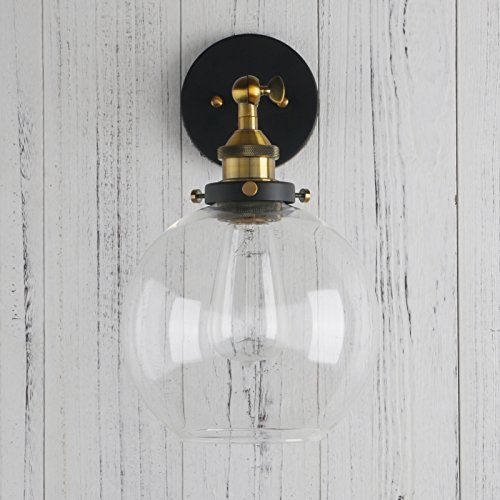 Permo Wall Sconce Vintage Industrial 1-Light Rustic Wall Mount Light Fixture with 7.9" Round Clear Glass Globe Shade (Antique)