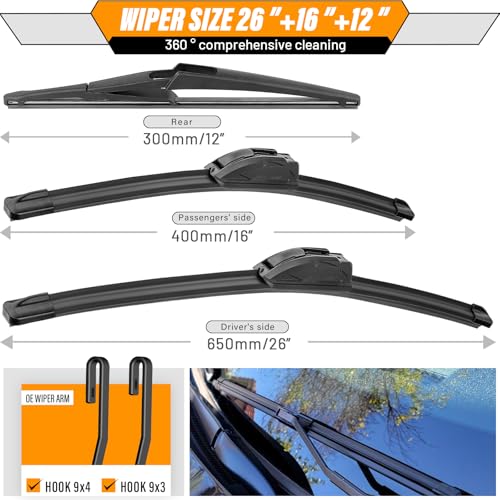 Image of OEM Windshield Wiper Blade Replacement for Nissan Kicks 2018 2019 2020 2021 2022 2023-2026 Original Equipment All-Season Rear Wiper Blade Set 26+16+12 (Set of 3)