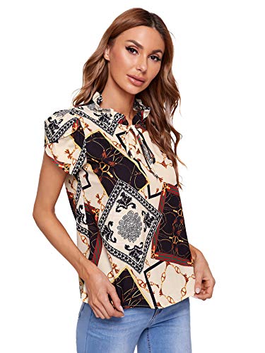 Romwe Women's Chiffon Casual Petal Short Sleeve Bow Tie Blouse Top Shirts Chain Multi L #TOP3