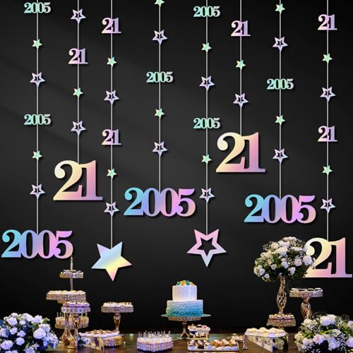 Image of Eucutur Iridescent 21st Birthday Decorations for Him Her, Pre-Strung Glitter Twinkle Number Vintage 2005 21 Years Old Hanging Streamer Banner Party Supplies, Finally 21 Bday Decor