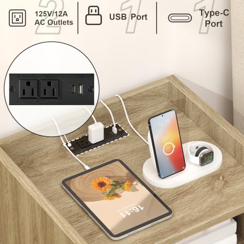 Image of MECHYIN Night Stand Set 2, Nightstands Set of 2 with Charging Station, Rattan Side Tables with Solid Wood Legs, Boho Bedside End Table for Apartment Bedroom Dorm Small Space