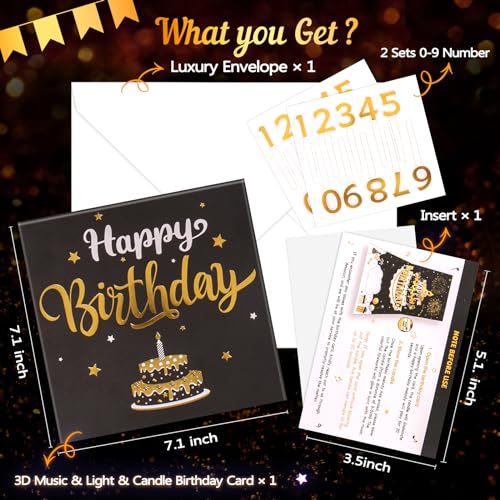 Image of INPHER UPGRADED DIY Age Birthday Cards Fireworks Pop Up Cake Light and Music Black and Gold Happy Birthday Card Gift for Husband, Men, Women, Mom, Grandma