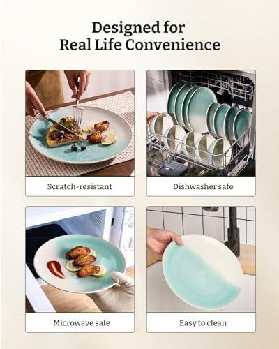 Image of Famiware Glacier Stoneware Dinnerware Sets, 18-Piece Plates and Bowls Set for 6, Reactive Glaze Dishes, Everyday & Formal Use, Dishwasher /Microwave Safe, Chip /Scratch Resistant, Two-Color Glazed, Aqua