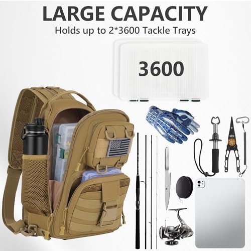 Fishing Tackle Bag, Tactical Fishing Tackle Backpack with Rod & Gear Holder, Lightweight Outdoor Water-Resistant Fish Tackle Gear Shoulder Bags for Men Women, Khaki - 2