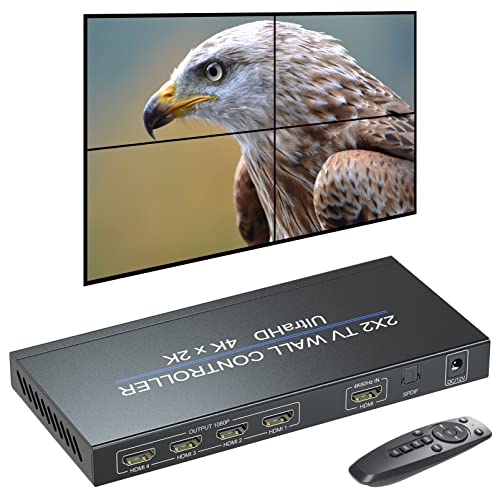 Controlador de parede de vídeo 2 x 2, entrada 4 k/60 Hz saída 1080P HDMI Video Wall processador, 2 x 1 3 4 x 1 1x2 1x3 1x4 múltiplos modos de emenda de ecrã com rotação de ecrã de 180°