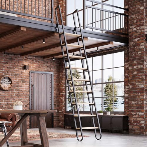 11.35FT Industrial Style Loft Ladder 9 Steps with Black Steel Handrails & Solid Wood Steps 450lbs Capacity Fits 9.2-10FT Installation Height for Attic Kitchen Warehouse Bookshelf& Outdoor