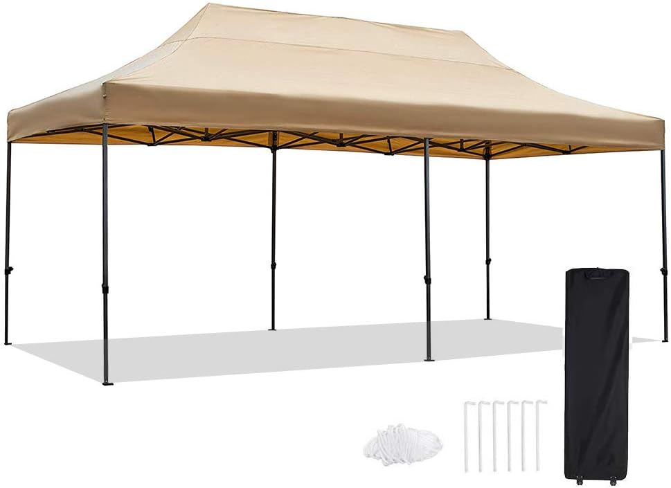 Snail 10' X 20' Outdoor Easy Pop Up Canopy Tent with Waterproof 420D Top, Portable Event Party Shade Shelter with Roller Bag, Khaki