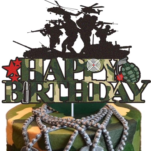 Military Happy Birthday Cake Topper Black Glitter