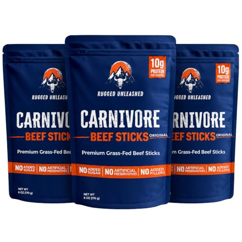 Rugged Unleashed Grass Fed Beef Sticks – Premium Carnivore Snacks With High Protein Meat Sticks, Savory Beef Jerky Snack Sticks, Carnivore Bar, No Nitrates, Zero Sugar, Keto, Paleo & Carnivore Diet Friendly, 6 oz pack