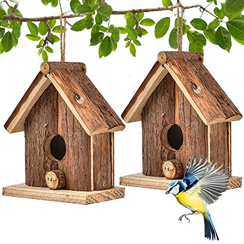 Bird House 2 Pack,Birdhouse for Outdoors Hanging Clearance,Wooden Birdhouses,Natural Bird Hut,Bird Nest for Outside Decorations,Small Bird Finches,Song Chickadee,Sparrows