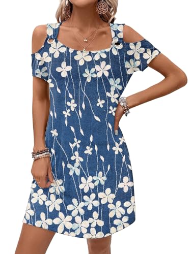 Image of GUNEST Womens Summer Dress Cold Shoulder Scoop Neck Short Sleeve Spaghetti Strap with O Ring Fashion Sundress with Pockets