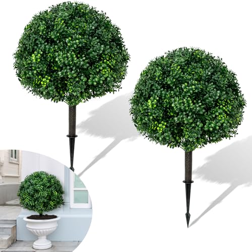 27.6''H Artificial Boxwood Ball Tree 2 Pack, UV Resistance Rated with Spike, Easy to Install, Fake...