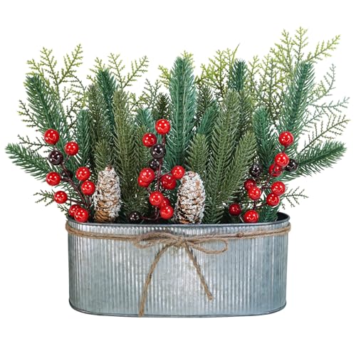 Winlyn 1 Pc Farmhouse Christmas Table Centerpiece Artificial Pine Cedar Berry Pinecone in Oval Metal Planter Holiday Floral Arrangement Christmas Potted Plant 15.7" for Rustic Home Kitchen Mantel