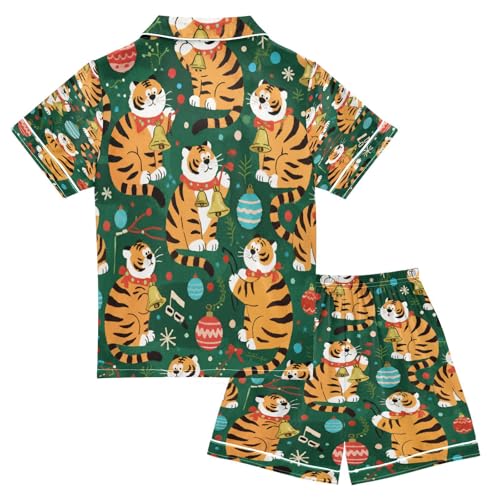 Satin Pajama Sets Short Sleeve Christmas Cute Tigers with Bells Button Down Silky Nightwear 2 Piece PJS 5-14Y2