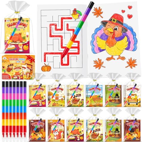 ZMLM 24 Coloring Books for Kids Party Favors: Bulk 24 Crayons Mini Coloring Books for Kids Ages 4-8 Birthday Goodie Bags Stuffers Toddlers Return Gifts Classroom Prizes Teacher Crafts (Thanksgiving)