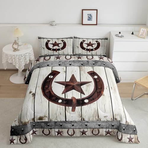 Image of Western Texas Star Comforter Set for Girls Boys Horseshoe Comforter Rustic Wood Grain DecorBedding Set Cabin Lodge Duvet Set Full Size 3Pcs Quilt Boys
