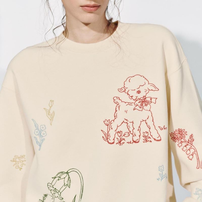 URBAN REVIVO Women's Spring Retro Loose Fit Sweatshirt Multi Pattern Embroidered - Image 5