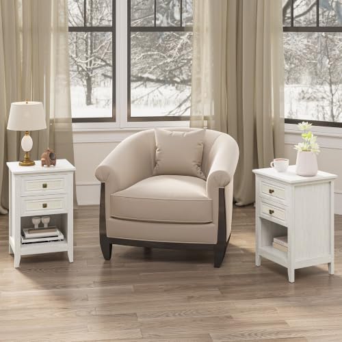 Image of 2-Pack Bedside Tables with Storage, Boho Rattan Nightstand with Drawer, 27 inch Tall Wood Accent Table for Bedroom, Modern Grayish White Couch Side Table for Small Spaces