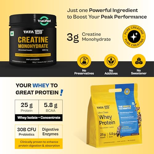 Image of Tata 1mg Creatine Monohydrate 250gm +Tata 1mg Whey Protein Hazelnut Chocolate