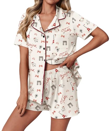 Image of Ekouaer Pajamas Set for Women 2 Piece Pjs Short Sleeve Sleepwear Button Down Lounge Shorts Sets S-XXL