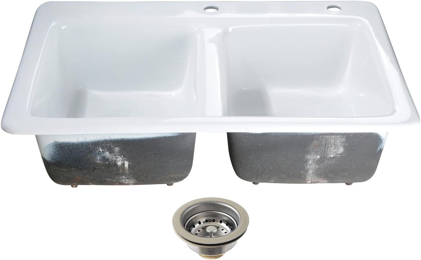 Kingston Brass Petra Galley KGT33229D27 15" Cast Iron Self-Rimming Double Bowl Bar Sink with 2-Hole Drain and Stainer, White/Brushed Brass