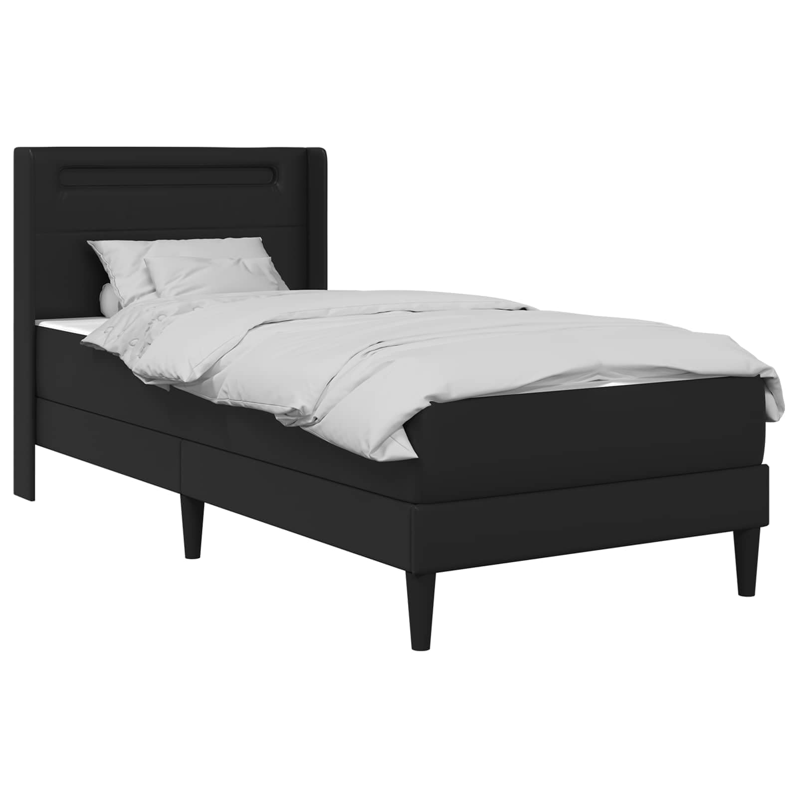 Marco de cama con tiras de luz LED, color negro, 90 x 190 cm, piel sintética, estructura de madera resistente, control USB, ahorro de espacio, cabecero cómodo, adecuado para dormitorios