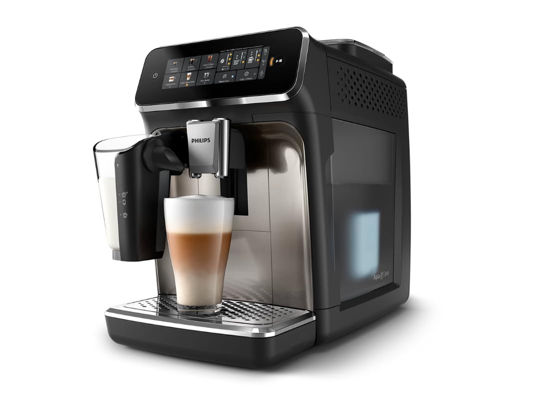philips 3300 series fully automatic espresso machine - lattego milk system 5 coffee varieties intuitive touch display silentbrew 100 ceramic grinder aquaclean filter glossy black ep334150