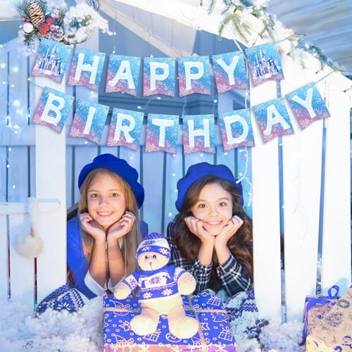 Image of Hooqict Frozen Happy Birthday Banner Birthday Party Decorations Snowflake Party Banner Garland Sign for Kids Girls Boys Winter Wonderland Decorations Christmas Holiday Frozen Themed Party Supplies