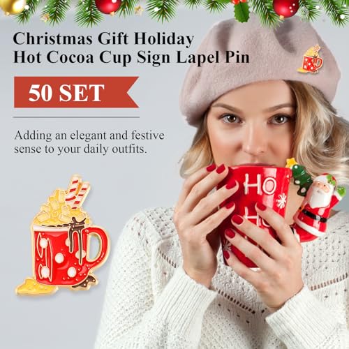 Image of 50 Sets Christmas Gift Hot Cocoa Cup Lapel Pin with Marshmallows Ornament Jewelry Charm Pins for Women Xmas Hot Cocoa Party Supplies Brooch Favor Merry Christmas Card Organza Bag Thank You Gift