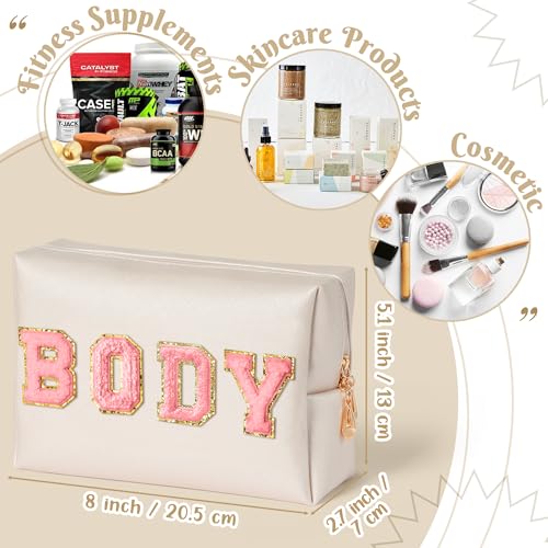 Y1tvei Body Parts Makeup Bag - Preppy Patch Pink Body Chenille Varsity Letter Cosmetic Bag, PU Leather Waterproof Portable Toiletry Bag, Zipper Pouch Travel Cosmetic Organizer for Women(Shell Gold) - Image 3