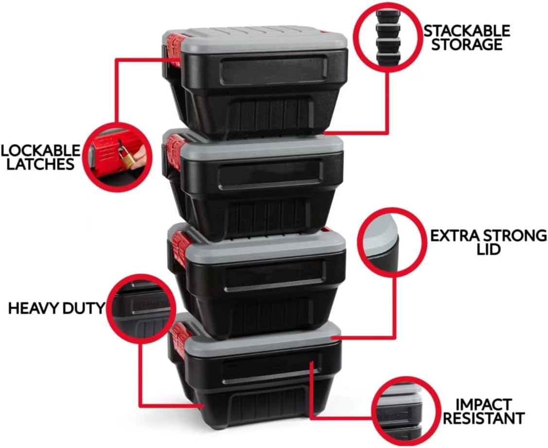 8 Gallon Action Packer Heavy Duty Storage Bin with Lockable Lid – Impact Resistant Black Plastic Tote for Truck, RV, Garage, Camping, Stackable & Weather Resistant