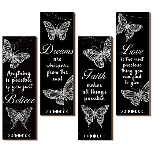 Qunclay 4 Pcs Butterfly Wall Decor 12 x 4 Inch Believe Faith Dream Love Inspirational Quote Wooden Sign Rustic Butterfly Bathroom Decor for Home Bathroom Bedroom Restroom Living Room Kitchen