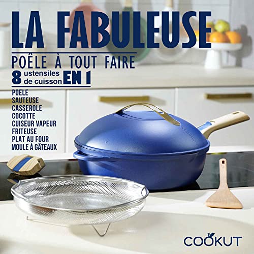 The Fabulous 8-in-1 Frying Pan - One utensil that replaces pan, pan, sauté pan - With 2 removable handles, steam/fry basket, wooden spatula - RUBIS