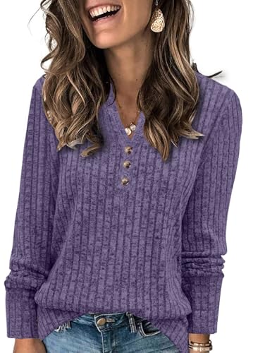 JomeDesign Sweaters for Women Long Sleeve Shirts Fall Outfits 2025 V Neck Tshirts Winter Purple M