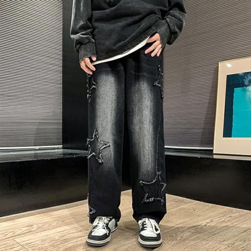 Boys Straight Leg Jeans Star Pattern Streetwear Denim Pants Casual Elastic Waist Trousers Y2K Jeans with Pockets3