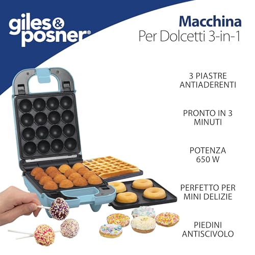 GILES & POSNER 3-in-1 Mini Treat Maker – Macchina per Ciambelle, Cake Pop, Waffle Iron, Piastre di Cottura Antiaderenti Rimovibili, Facile da Pulire, Compatta, Pasticceria per Bambini, Azzurro, 650 W - immagine 3