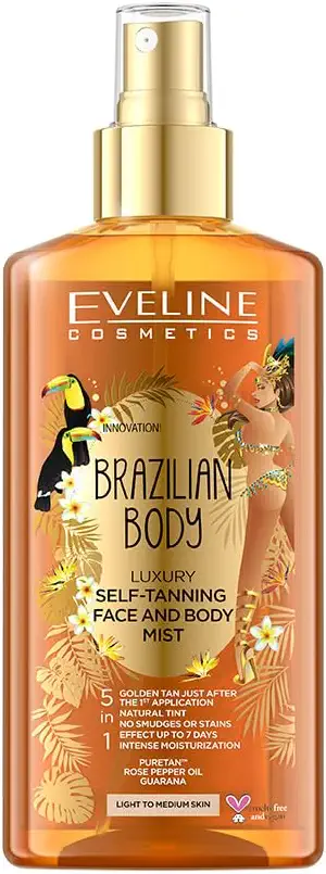 EVELINE COSMETICS Brazilian Body Luxurious Bruma autobronceadora 5 en 1 para rostro y cuerpo Piel brillante y morena Efecto inmediato Siete días de duración Tecnología PureTan a base de plantas 150 ml