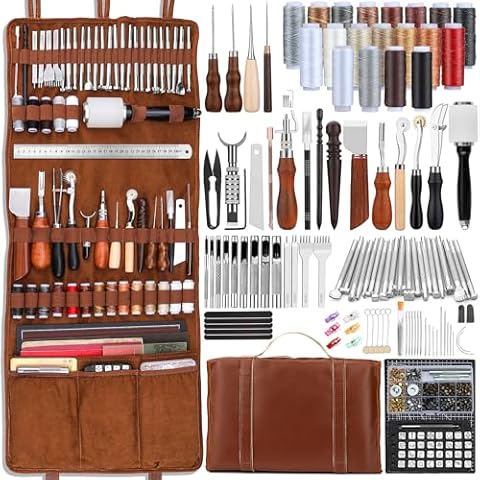 TLKKUE Leather Tooling Kit Leather Craft Tools Leather Working Kit with Custom Handbag Cutting Mats Engraving Punching Sewing Stamping Sanding Tools Leather Tools for Leather Working Professional Cover