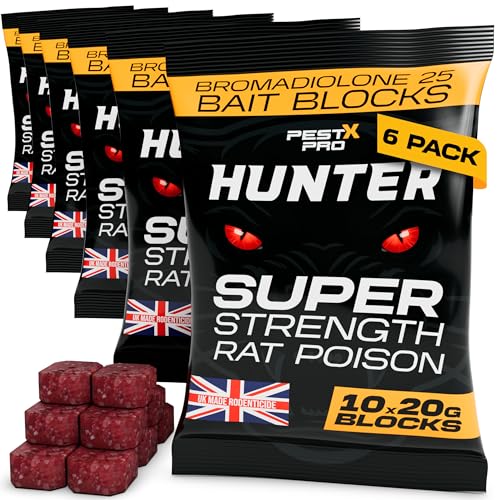 Pest-X Pro Hunter – Rat Poisoning Super Strength, 6 × 200 g Sachets, Professional Rat & Mouse Killer Bait, Indoor & Outdoor Rodent Control with Bromadiolone option