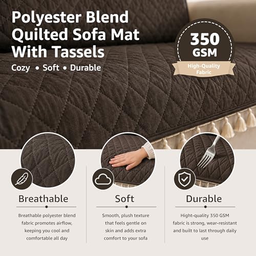 Image of Lukzer Quilted Sofa Cover Mat with Tassels for 1 Seater Sofa - Chocolate Brown | Soft Washable Anti-Slip Protector for Living Room | Furniture Cover for Back-Seat Slipcover 60X150CM / SC-192-1T