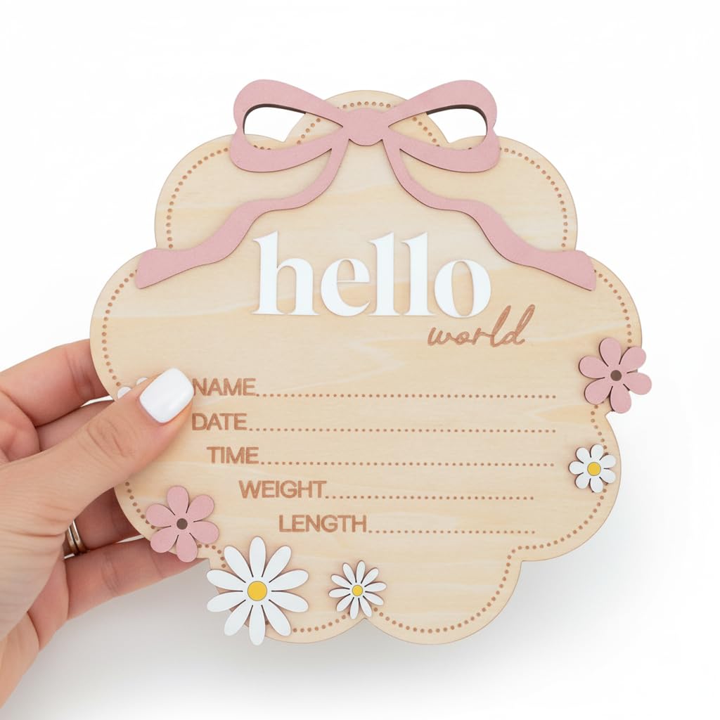 TTMerriwood Hello World Wooden Baby Birth Announcement Sign with Pink Bow, Cloud Shape Floral Newborn Name Date Time Weight Length Board, Baby Girl Nursery Photo Prop (Light Pink) - 5